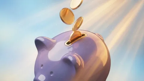 Monedas cayendo dentro de una alcancía violeta, representando el cashback semanal