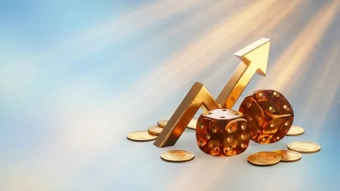 Juego de dados con una flecha ascendente y monedas
